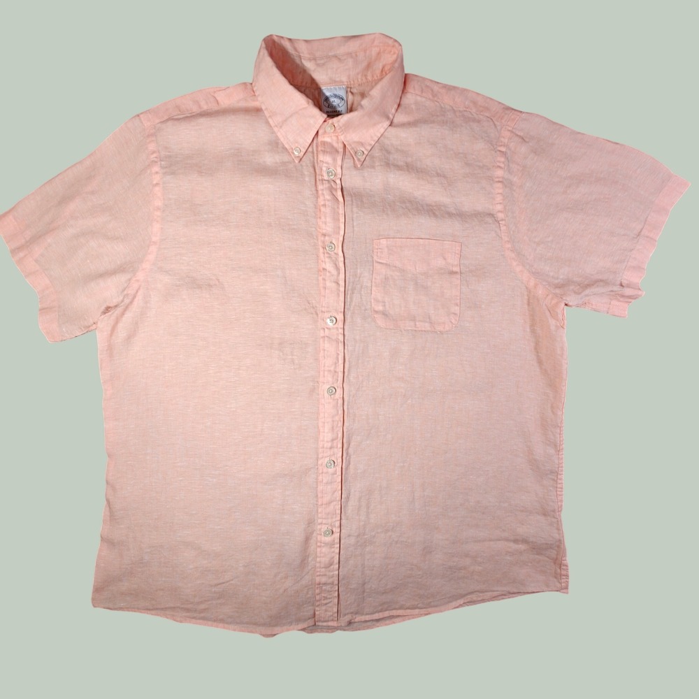 Brooks Brothers Baird McNutt Irish Linen Shirt Mens XL‎ Regent Peach Short Slv